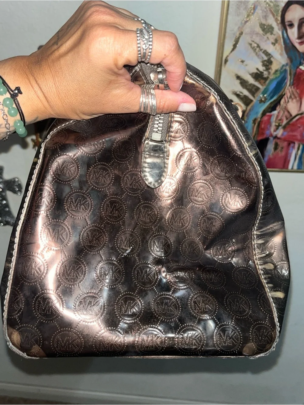Michael Kors Black Logo-Embossed Satchel with Pale Pink Handles